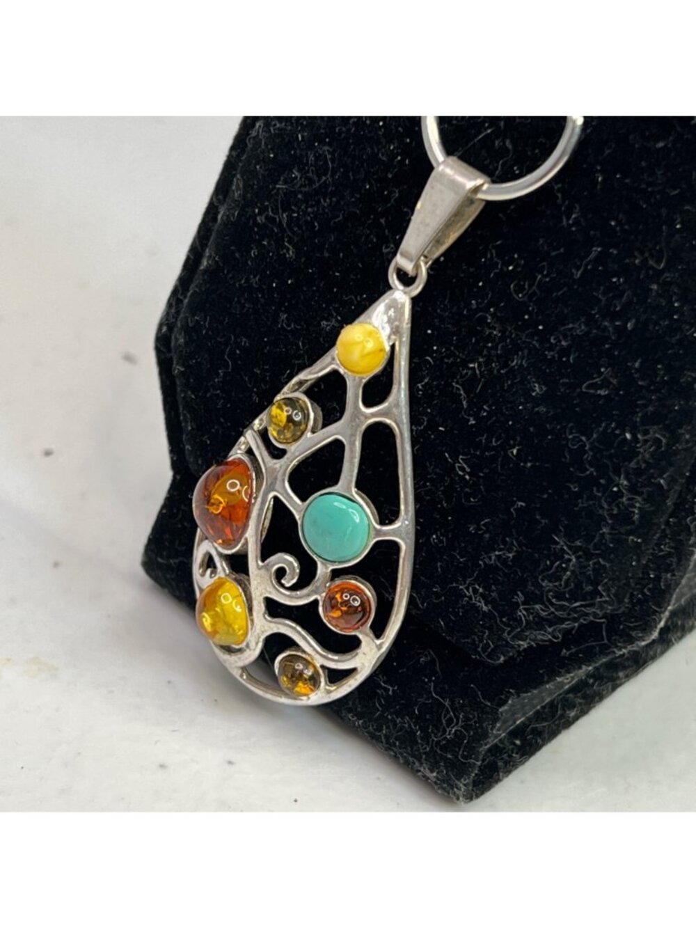 Teardrop Sterling Silver Pendant W/ Multi-Color Amber Stones & Turquoise Accent - Picture 5 of 12
